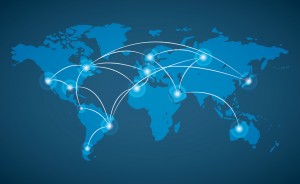 Mapa del mundo con diferentes puntos conectados para el intercambio de la protección de datos